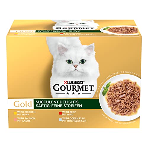 Gourmet Gold Saftig feine Streifen Katzenfutter nass, Sorten Mix, 4er Pack (4 x 24 Dosen à 85g)