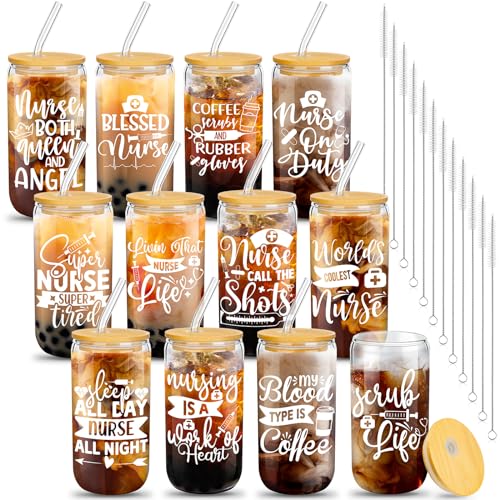 Uiifan Lot de 12 gobelets en verre en forme de canette de 473,6 g avec couvercles et paille pour infirmière, cadeau amusant pour la semaine des infirmières,...