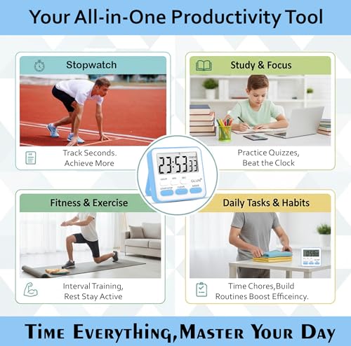 Image of GLUN Digital Kitchen Timer & Stopwatch, Large Digit Countdown, Loud Alarm Clock with Back Magnetic Retractable Stand for Baking, Cooking Study, Office, Gym, Athlete and Student (Blue)