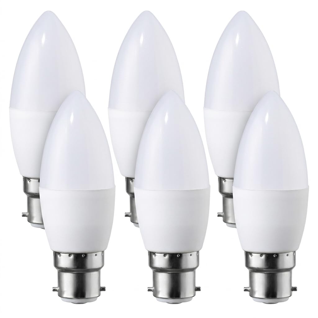 Artomnivera 6 Pack B22 LED Candle Bulbs 5W 3000K Warm White C37 Bayonet Candle Bulbs 40W Equivalent Non-Dimmable Ceiling Chandelier Pendant Lamp Light White
