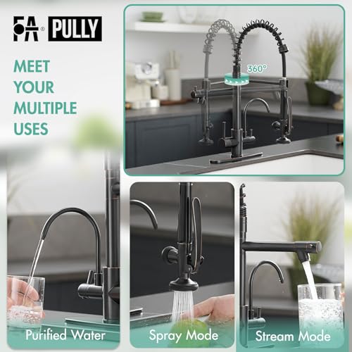 Image of Fapully Commercial 3 in 1 Kitchen Faucet with Sprayer and Water Filler | Oil Rubbed Bronze,Pull Down Sprayer,360 Swivel Spout,Kitchen Sink Faucet with Drinking Water Faucet Fit for 1 or 3 Holes