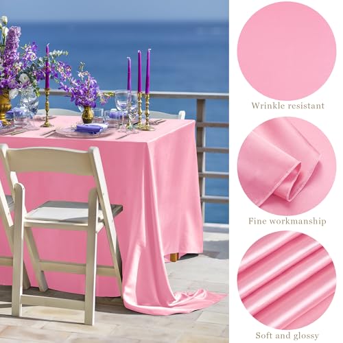 Image of TURSTIN 1 Pack Pink Satin Tablecloth 102 x 58 Inch Overlay Satin Table Cover Rectangle Bright Silk Tablecloth Smooth Fabric Table Decoration for Wedding Banquet Party Events