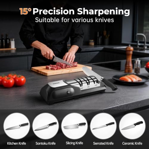 Image of Kitchen Professional Electric Knife Sharpener: 3-Stage 100% Diamond Abrasives Knife Sharpeners with 15 Precision Angle Electric Steel Sharpening Tool to Restore /Polish Chef Knives