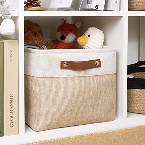 Image of DULLEMELO Fabric Storage Basket for Shelves /Closets, Collapsible Rectangle Basket for Organizing Clothes, Toys, Towels, Books, Laundry, Nursery, Dog Toy Basket Empty (White&Khaki)