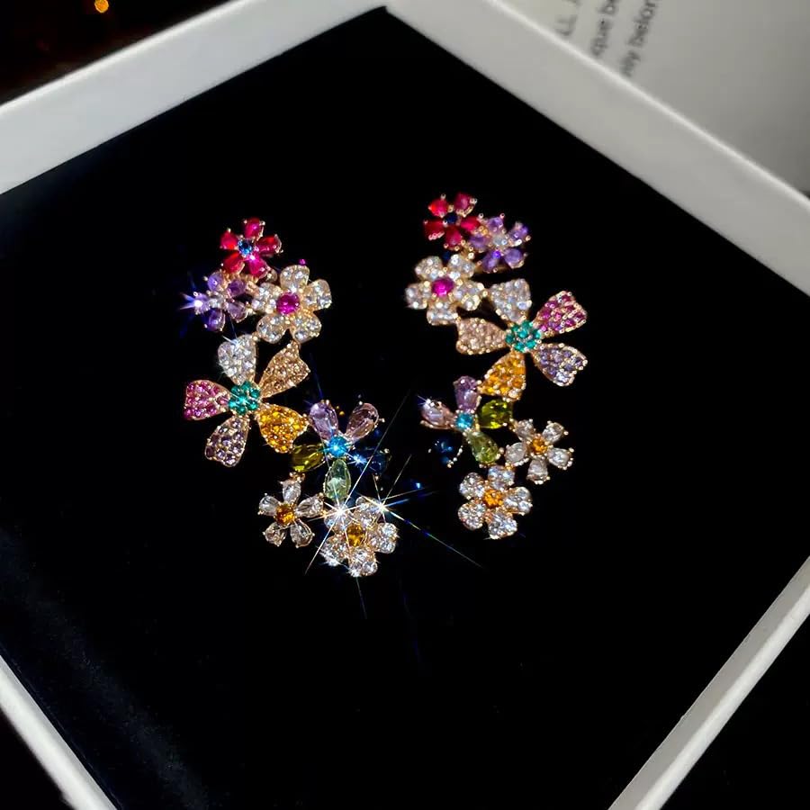 Ear Climber Earrings for One Piercing, Multicolor Crystal Flower Ear Cuff Earrings, Floral Design with Gemstones crawler earrings3