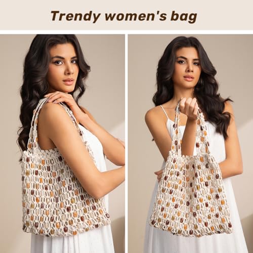 Boho Crochet Shoulder Bag for Women, Colorful Beaded Beach Tote Handbag Lightweight Summer Knit Hobo Purse &Travel Organizer2