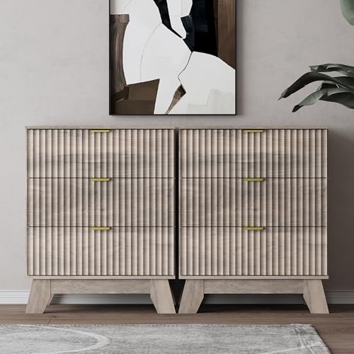 Image of Wodeer Grey Night Stand with 3 Drawers, Bedside Table & End Table, 24 inch Wide Mid Century Modern Fluted Wood Nightstand with Metal Handles, Farmhouse Night Stands for Bedroom, Gray