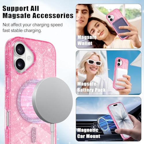 Image of mobistyle Magnetic for iPhone 16 Case, Clear Crystal Glitter 16 Phone Case Compatible with Mag-Safe, Shockproof Sparkly Cute Women Girl Cover for iPhone 16, Hot Pink Glitter