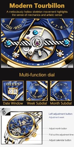 Image of OLEVS Men Automatic Watch Mechanical Self Winding Watches for Men Skeleton Business Dress Luminous Waterproof Diamond Week Month