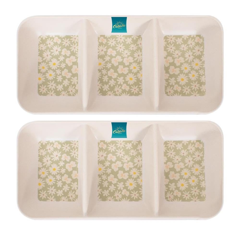 YöL Pack of 2 3 Section Snack Tray Daisy Print Melamine Summer Dining Outdoor Picnic BBQ Green Floral Trendy Tableware Reusable Plastic Dips