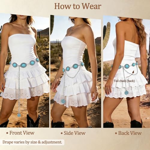 Image of Turquoise Chain Belt for Women, Western Cowgirl Concho Belt | Turquoise Concho Accents with Silver Chains for Western, Cowgirl, Rodeo, Festival and Denim Looks
