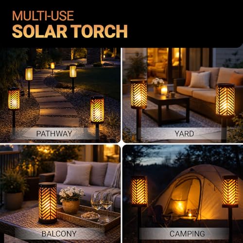 Image of Deco Window Solar Lights Outdoor 2 Pack LED Flame Torches with Flickering Flame Effect, Solar Powered Pathway Lights for Patio, Lawn, Porch, Walkway, Driveway, and Garden.