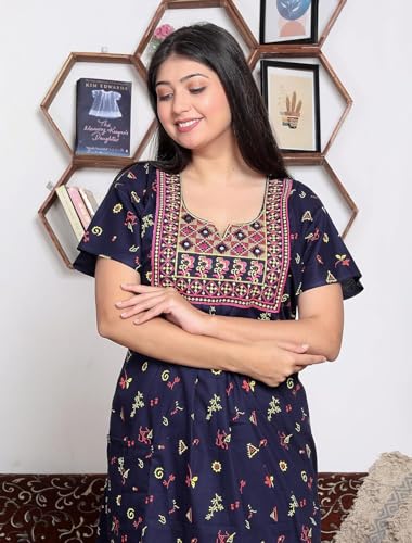 Image of DIAMO Pure Cotton Embroidery Nighty for Women, Cotton Night Gown, Night Maxi Gown, Cotton Nighty with a Pocket and Adjustable Knot