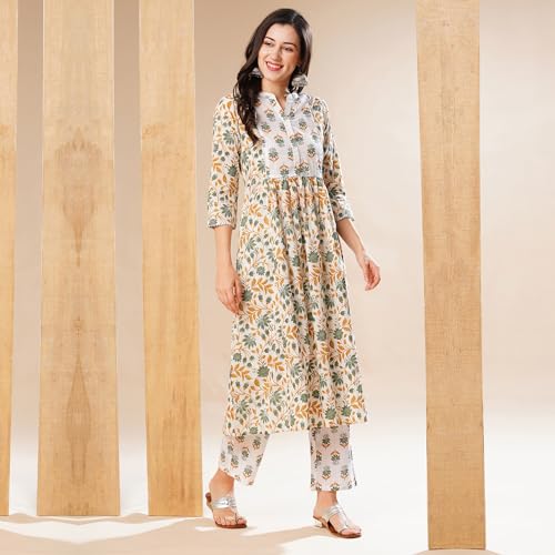 Image of Globus Women Ivory Floral Print A-Line Kurta Set With Trouser-3638388001