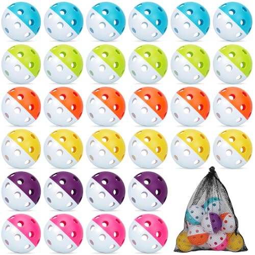 Coopay 36 Pack Plastic Baseballs Soft Baseballs Practice Balls Lightweight Hollow Training Balls with a Drawstring Bag for Hitting Pitching Batting Indoor Outdoor Sport (Multicolor Hemispheres)