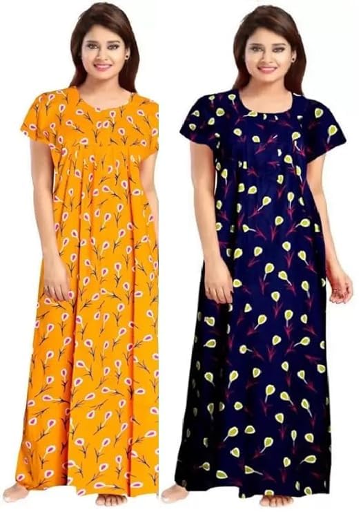YUKATA Nighty for Women Cotton Printed Maxi Gown Ankle Length Nighty Night Dress Gown for Women Maxi - Free Size