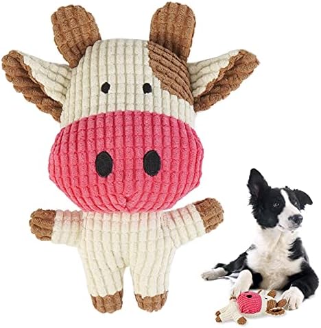 T'CHAQUE Dog Plush Toys with Squeaker Soft Cotton Puppies Stuffed Chew Toy Durable Animal Dogs Doll for Small Medium Pets, Puppy Squeaky Toys for Fetch Training and Tug-of-War Games, Cows