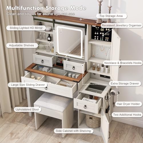 Image of Farmhouse Makeup Vanity Desk with Sliding Mirror and Lights, 42 Wood Vanity Table Set with Glass Top, Power Outlets, Jewelry Storage Cabinet, 4 Drawers, Stool for Country Room Decor, Antique White