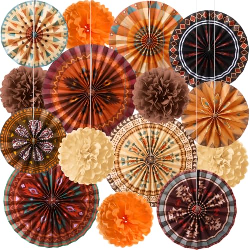 Image of Outus 21 Pcs Native American Heritage Month Decorations Hanging Paper Fans Paper Tissue Pom Poms Classroom Decorations Fans for Southwestern Tribal Ceiling Hanging Decor School Party Supplies