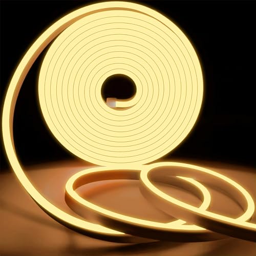 KSIBNW Led Strip Light Neon 5m Outdoor Waterproof IP65, Outside LED Light Strips 220v-240v Rope Lights Flexible Cuttable Neon Rope for Kitchen Bedroom Garden Outdoor Indoor Decor,Warm White
