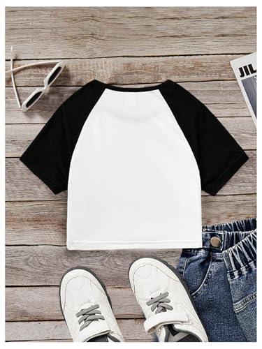 SHENHE Girl's Colorblock Cute Graphic Tees Raglan Short Sleeve Crewneck Casual Crop T Shirt Top2