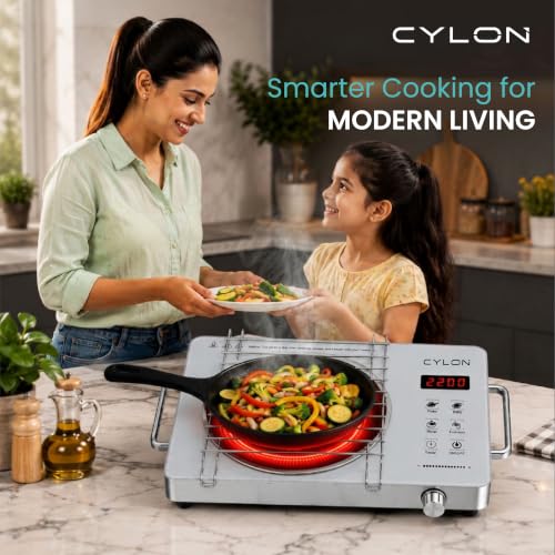 Image of CYLON InfraBlaze 2200W Infrared Cooktop Stove with Grill Rack, Crystal Glass Top, Digital Display, Touch Control, Compatible with All Cookware, Infrared Hot Plate, Silver