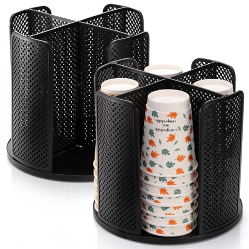 Eorbow 2 Pack Coffee Cup Dispenser, Rotatable 4 Compartment Cup and Lid Holder, Plastic Paper Cup Storage Organizer for Office Restaurant Breakroom Coffee Station Bar Buffet Kitchen Countertop