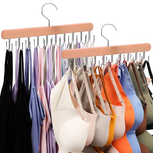 2 Pack Tank Top Hanger, 40 Hooks Large Capacity Bra Hanger, Bra Hangers for Closet Organizer & Storage, Tank Top Hangers Space Saving, Standard Hangers for Sports Bras, Tank Top (Wood, 2 Pack)
