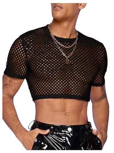 WDIRARA Men's Fishnet Mesh Tee Shirt Round Neck Short Sleeve Crop Top2