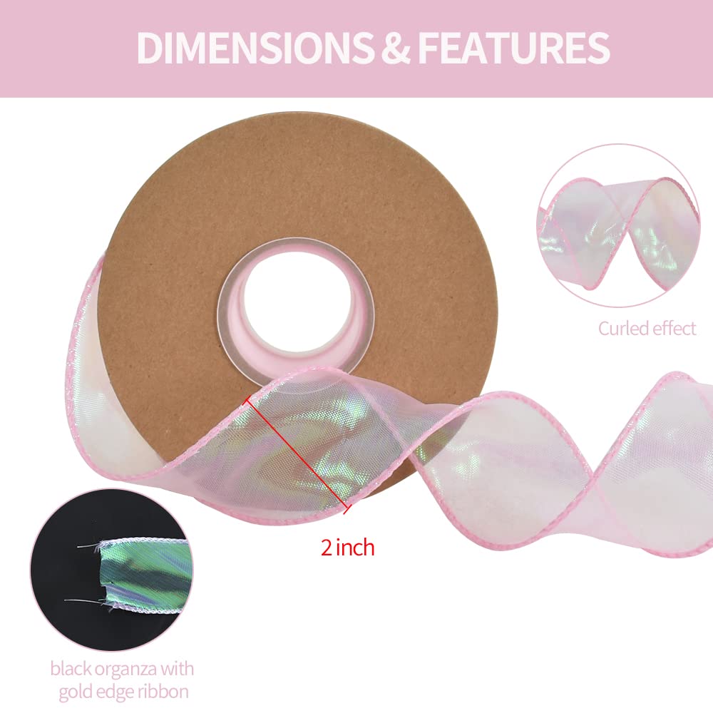 TONIFUL 1-1/2 Inch Wide Laser Pink Wired Chiffon Ribbon Shimmer Sheer Organza Ribbons for Crafts Floral Bouquets Wedding Party Decorations Valentine's Day Gift Wrapping Bow Making Wreaths (10yd) - Image 2