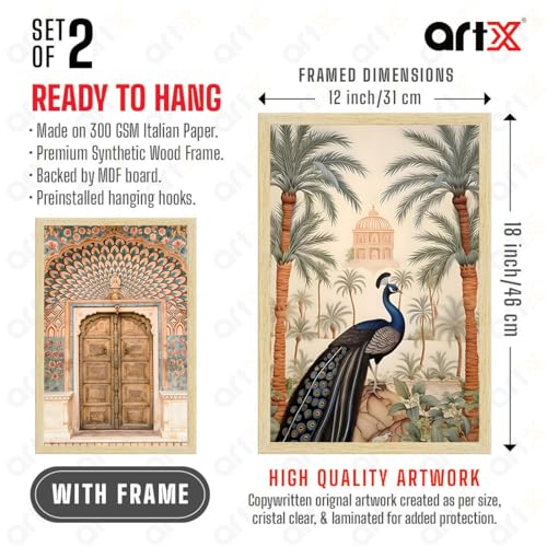 Image of ArtX Paper Peacock Painting For Wall Vastu, Madhubani Art Paintings, Floral Wall Painting for Living Room, Multicolor, Natural Wood Color Frames, Set of 2