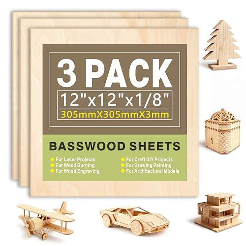 Baccraniate Basswood Sheets 3 Pack 12x12x1/8 Unfinished Plywood Sheets 3mm Basswood for Laser Cutting Engraving Painting Wood Burning Model Making Crafts DIY Projects