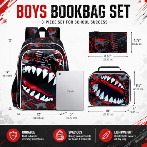 Image of 3Pcs Boys Backpack, 17 inch Shark Bookbag for Elementary Preschool Kindergarten, Kids School Backpacks with Lunch Box (Red)