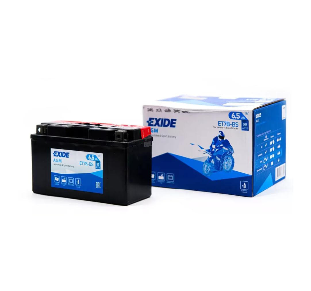 EXIDE ET7B-BS Batteria Moto 12V 6,5Ah 85A - Per Scooter e Motocicli - Equivalente YT7B-BS - Batteria AGM Sigillata - Zero Manutenzione, Pronta all'Uso e Resistente alle Vibrazioni (150x65x95mm)