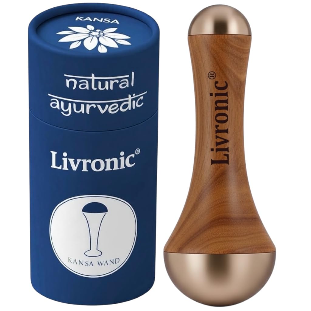 Face Acupoint Kansa Wand Massager with Teak Wood Handle for Detoxification and Deep Relaxation Natural Kansa 2 in 1 Bronze