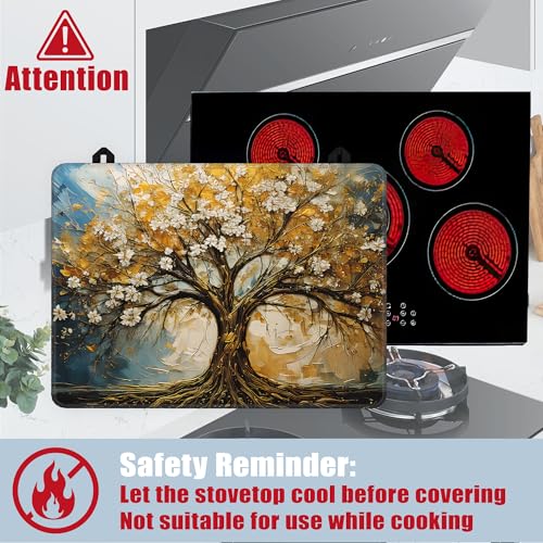 Image of Gold Tree Stove Top Covers for Electric Stove,Spring White Flower Glass Top Stove Cover, Heat Resistant Range Covers for Electric Stove,Washable Countertop Mat, 28 x 20 Inch