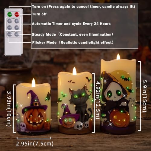 Image of Halloween Flameless Candles, Battery Operated Candles with Remote | Fiber Optic Flameless Pillar Candles Set Of 3 For Halloween Decorations Indoor