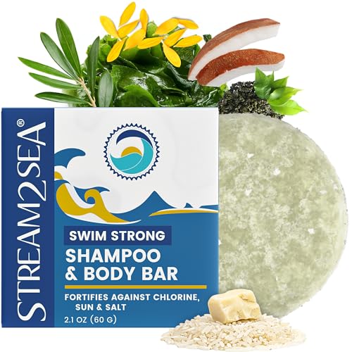 STREAM 2 SEA Swim Strong Shampoo & Body Bar — Reef Safer Biodegradable Shampoo Bar for Swimmers — Chlorine, Salt & UV Hair Recovery — Sulfate Free, Vegan, Plastic Free, TSA Friendly — 2.1 oz