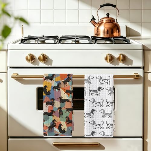 Image of 2 Pcs Cute Dachshund Kitchen Towels 24x14 Inch, Dachshund Gifts Reusable Dish Towels for Kitchen Bathroom Decor, Waffle Weave Absorbent Tea Towel, Cute Weiner Dog Gifts for Women Mom Friend