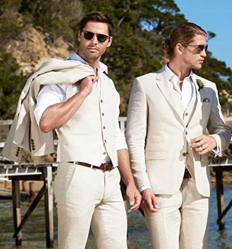 Huutoe Men's 3 Piece Suits Slim Fit Summer Wedding Suits Linen Suits For Boys 2 Piece Suit 42 Beige #TOP1
