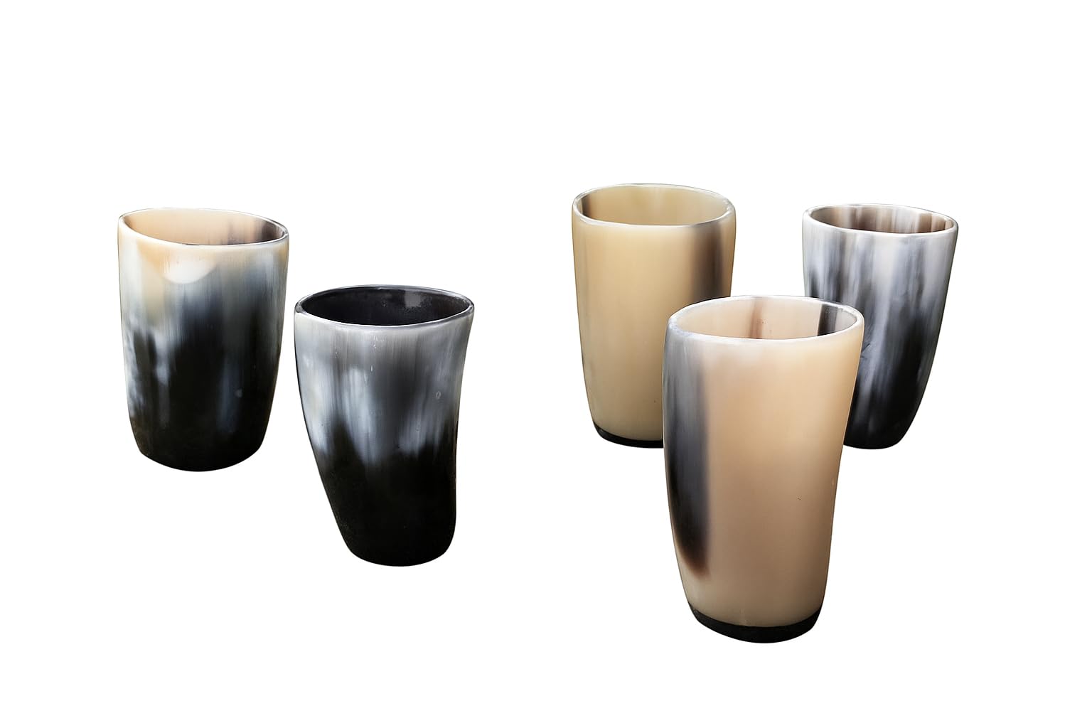 Frera Horn Becher, Traditioneller Trinkbecher aus Horn, Schwarz-Beige Marmoriert, 40-50 ml Fassungsvermögen, Handgefertigt (5 Stück im Set)