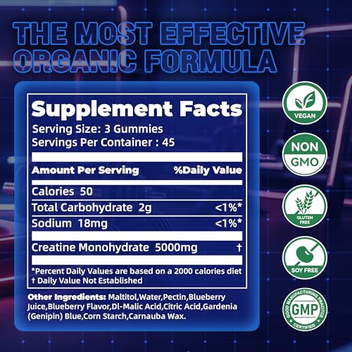Image of Creatine Monohydrate Gummies, NSF Certified Creatine Gummy, 5g Dose for Men & Women to Support Muscle, Strength, Recovery, Cognitive Health & Memory, Blueberry Flavor, 135 Gummies