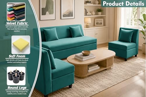 Image of 3+1+1 Modern Velvet Fabric Sofa Set for Living Room | Three Seater Sofa with 2 Single Seater Chairs | for Home, Office| Green