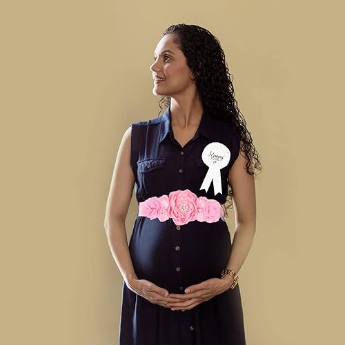 Miniatura 4 de CoolerthingsDG, 3 piezas, 2 insignias blancas y un cinturón de vientre rosa, banda de maternidad rosa bebé y ramillete de papá para bebé, banda de