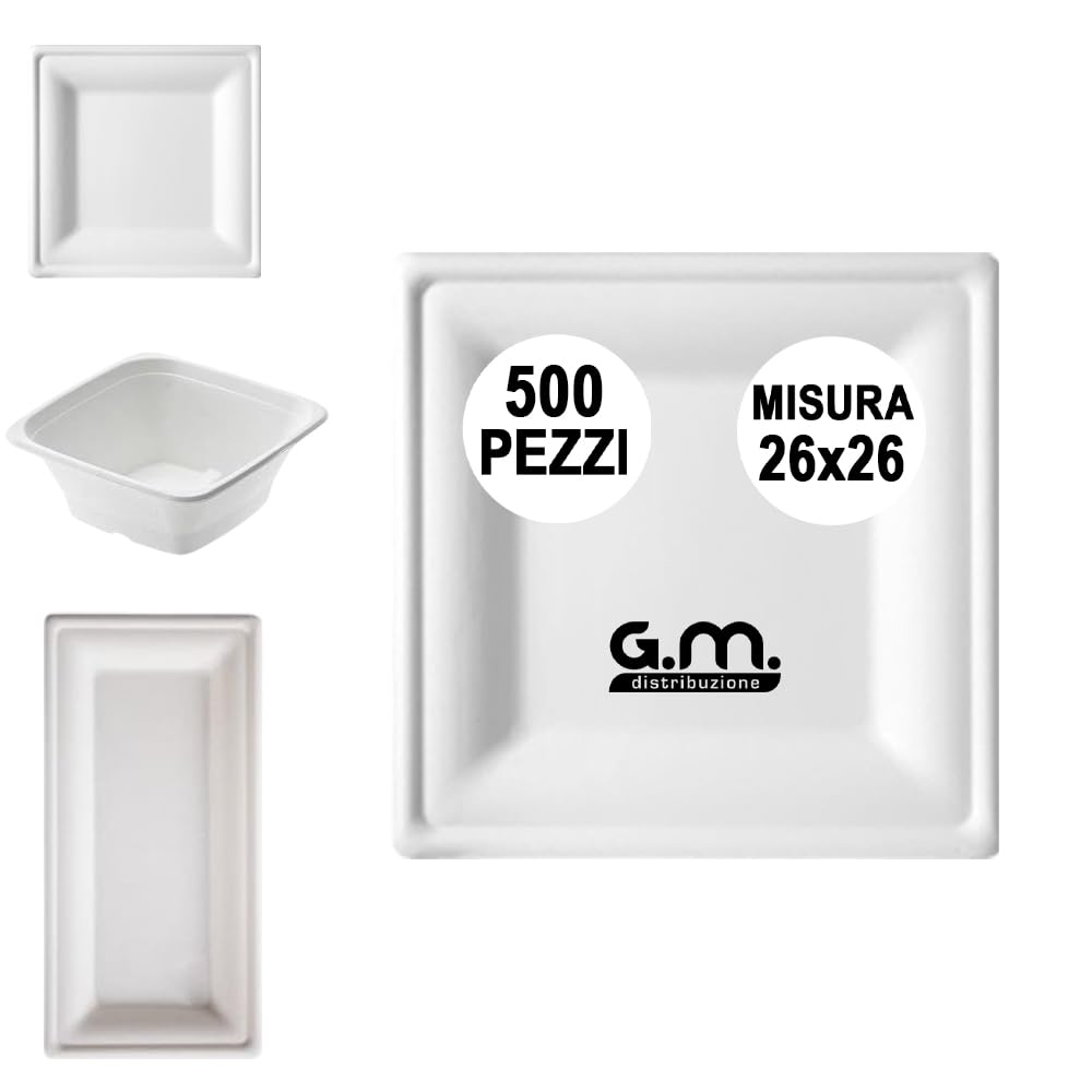 G.M. DISTRIBUZIONE 500 Piatti Quadrati Bianchi in Polpa di Cellulosa 26x26 cm, Ideale per Cibi Caldi e Freddi, Piatti Imperameabili Usa e Getta Adatti al Microonde, Biodegradabili e Compostabili