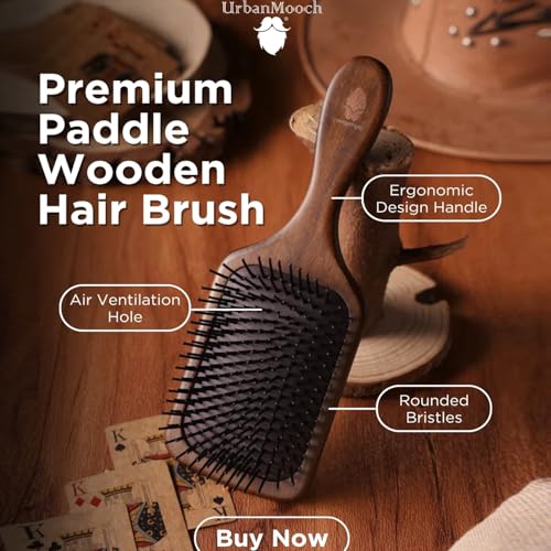 Image of UrbanMooch Wooden Hair Brush For Men with Brush Cleaner | Nylon Bristles | Paddle Hair Brush For Men For Detangling, Massage And Smoothing | Detangler Hair Brush For All Hair Types