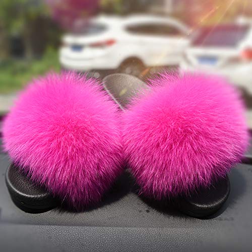 Jancoco Max Real Fox Fur Slides For Women - Furry Slides Fluffy Fur Slippers Open Toe Flat Slides Fur Sandals Outdoor (Us 9,Hot Pink) #TOP1