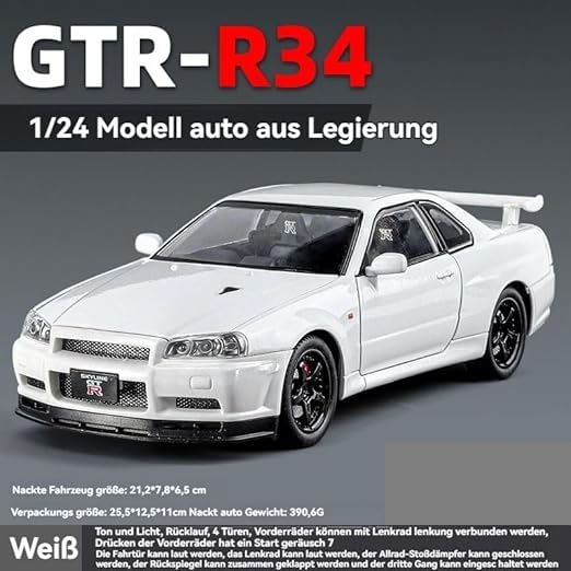 Image of 1:24 Scale Nissan Skyline GTR-R34 Diecast Models Alloy Diecast Toy Car Model Sound Light Pull Back Car Toy for Kids (White)