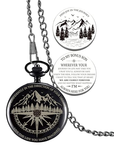 Gifts for Stepson Go Confidently Pocket Compass Engraved Black Bonus Son Pocket Token Inspirational Keepsake Gift Ideas for Stepson Adopted Bonus Son Birthday Graduation Christmas Going Away