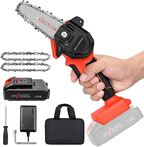 Mini Cordless Chainsaw Kit, Upgraded 4" One-Hand Handheld Electric Portable Chainsaw, 21V Rechargeable Power Chain Saw, for Tree Trimming and Branch Wood Cutting by New Huing